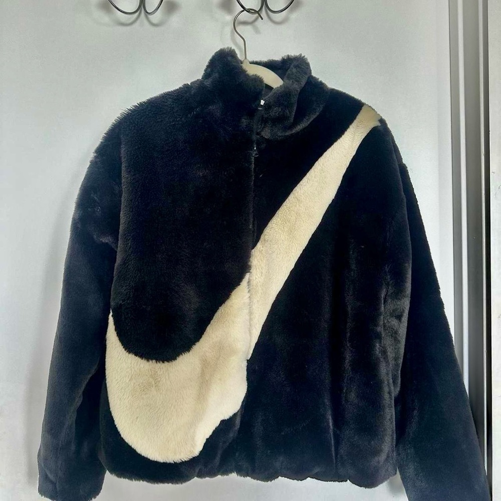 Nike Black Faux Fur Swoosh Jacket with Cream Accent